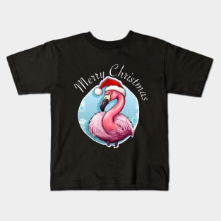 Pink Flamingo Wearing Santa Hat - Merry Christmas (White Lettering) Kids T-Shirt